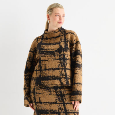 Worthington Plus Womens Mock Neck Long Sleeve Abstract Pullover Sweater