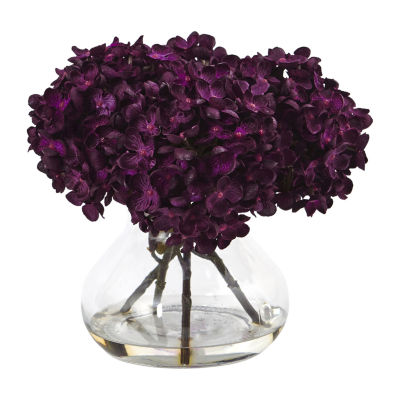 Nearly Natural 8.5"H Hydrangea Silk Flower Arrangement With Glass Vase Artificial Flowers
