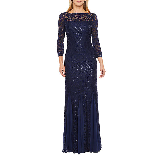 Onyx 3/4 Sleeve Sequin Lace Evening Gown