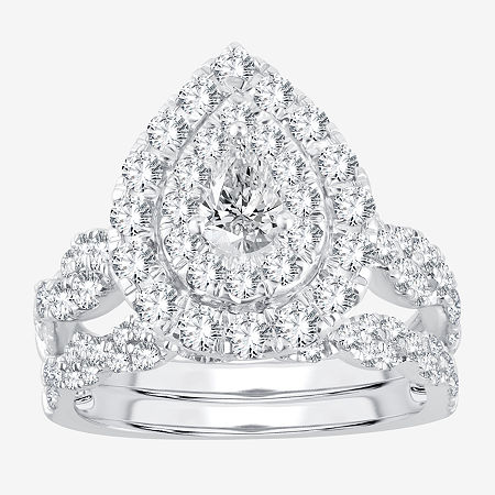 Signature By Modern Bride Womens 2 CT.T.W. Natural Diamond 10K or 14K Gold Pear Side Stone Halo Bridal Set, 5, White