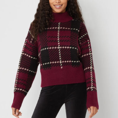Arizona Juniors Womens Mock Neck Long Sleeve Plaid Pullover Sweater, Color:  Wild Cherry Combo - JCPenney