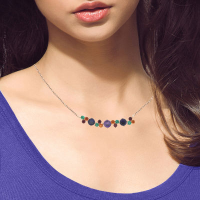 Womens 18 Inch Multi Color Stone 10K Gold Link Necklace