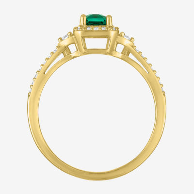 Yes, Please! Womens Lab Created Green Emerald 14K Gold Over Silver Halo Side Stone Cocktail Ring