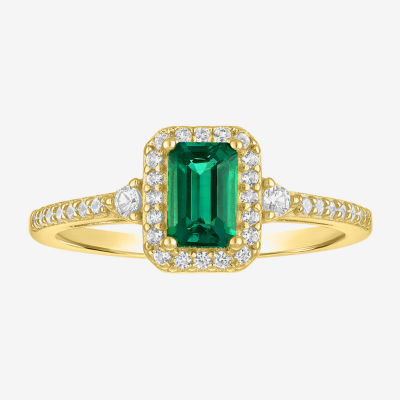 Yes, Please! Womens Lab Created Green Emerald 14K Gold Over Silver Halo Side Stone Cocktail Ring