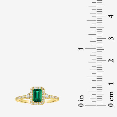 Yes, Please! Womens Lab Created Green Emerald 14K Gold Over Silver Halo Side Stone Cocktail Ring