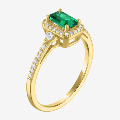 Yes, Please! Womens Lab Created Green Emerald 14K Gold Over Silver Halo Side Stone Cocktail Ring