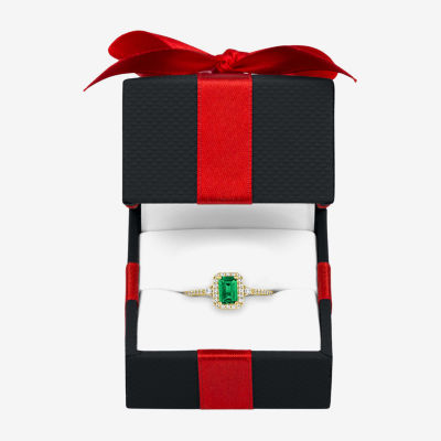 Yes, Please! Womens Lab Created Green Emerald 14K Gold Over Silver Halo Side Stone Cocktail Ring