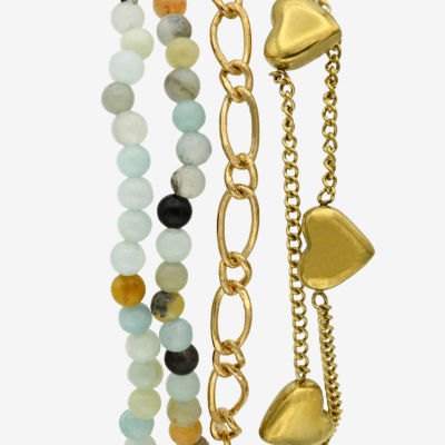 Gold Reflections 4-pc. Amazonite 14K Gold Over Brass 7.5 Inch Bead Heart Bracelet Set