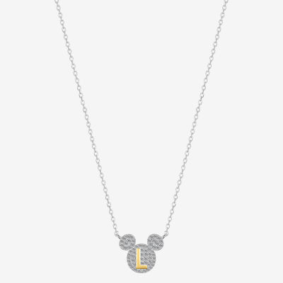 Disney Classics Initial Cubic Zirconia 14K Gold Over Brass Pure Silver 16 Inch Cable Mickey Mouse Pendant Necklace