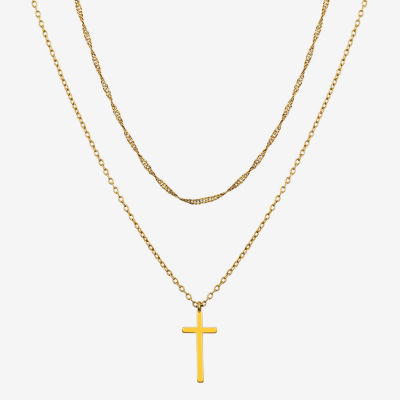 Moda Sport Hypoallergenic Water-Resistant 14K Gold Over Stainless Steel 16 Inch Cable Cross Pendant Necklace