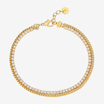 Moda Sport Hypoallergenic Water-Resistant Cubic Zirconia 14K Gold Over Stainless Steel 16 Inch Curb Chain Bracelet