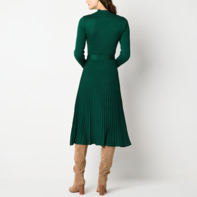 Studio 1 Womens Belted Long Sleeve Midi Sweater Dress