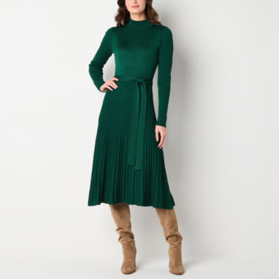 Studio 1 Womens Belted Long Sleeve Midi Sweater Dress