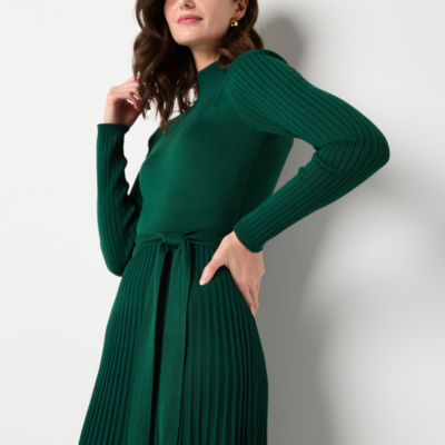 Studio 1 Womens Belted Long Sleeve Midi Sweater Dress