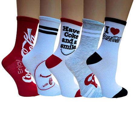 Coca Cola 5 Pair Crew Socks Womens, 9-11, Red