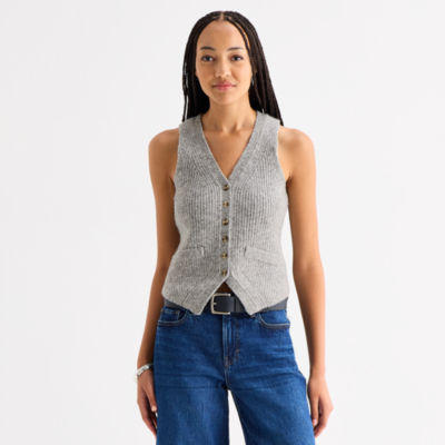 Womens V Neck Button Sweater Vest, Color: Gray JCPenney