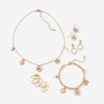 Bijoux Bar Gold Tone Womens Simulated Pearl Bow Heart Ring Set