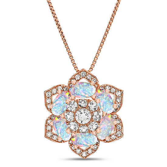 Womens Lab Created White Opal 14K Rose Gold Over Silver Flower Pendant Necklace