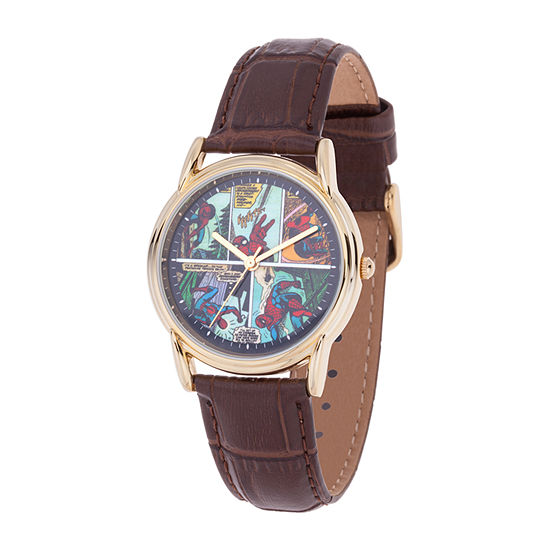 Avengers Marvel Spiderman Mens Brown Leather Strap Watch Wma000403
