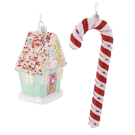 North Pole Trading Co. 2024 House And Candy Cane Set 2-pc. Christmas Ornament, One Size, Green