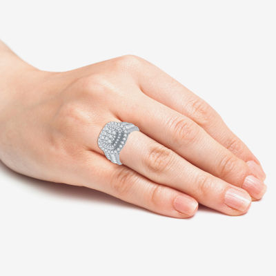 (G / Si1-Si2) Womens 2 CT. T.W. Lab Grown White Diamond 10K Gold Cushion Halo Side Stone Cocktail Ring