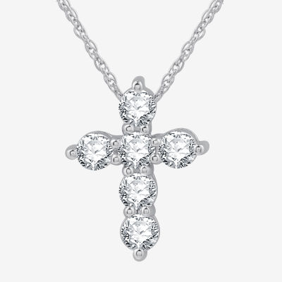 (G / Si1-Si2) Womens 1 CT. T.W. Lab Grown White Diamond 10K White Gold Cross 18 Inch Pendant Necklace