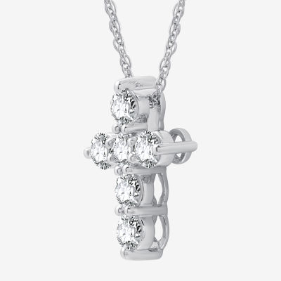 (G / Si1-Si2) Womens 1 CT. T.W. Lab Grown White Diamond 10K White Gold Cross Pendant Necklace