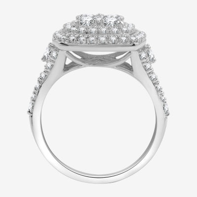 Womens 1 1/2 CT. T.W. Lab Grown White Diamond Sterling Silver Cushion Halo Side Stone Cocktail Ring