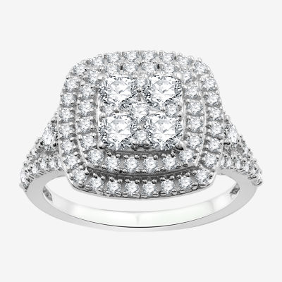 Womens 1 1/2 CT. T.W. Lab Grown White Diamond Sterling Silver Cushion Halo Side Stone Cocktail Ring