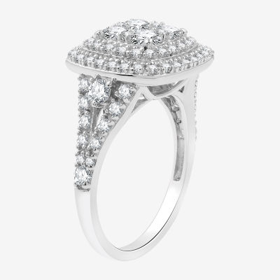 Womens 1 1/2 CT. T.W. Lab Grown White Diamond Sterling Silver Cushion Halo Side Stone Cocktail Ring