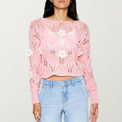 Forever 21 Juniors Crochet Rose Sweater Womens Boat Neck Long Sleeve Floral Pullover