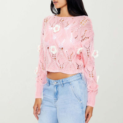 Forever 21 Juniors Crochet Rose Sweater Womens Boat Neck Long Sleeve Floral Pullover