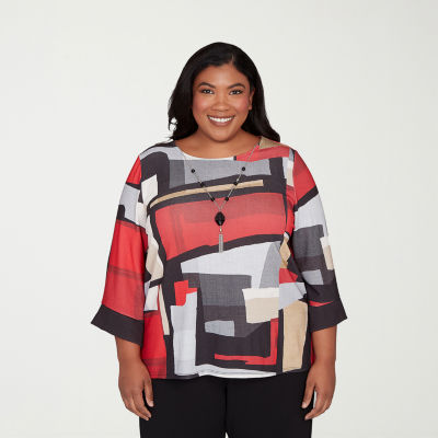 Alfred Dunner Jet Setter Womens Plus Crew Neck 3/4 Sleeve T-Shirt