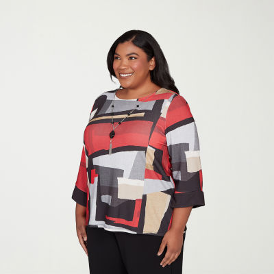 Alfred Dunner Jet Setter Womens Plus Crew Neck 3/4 Sleeve T-Shirt