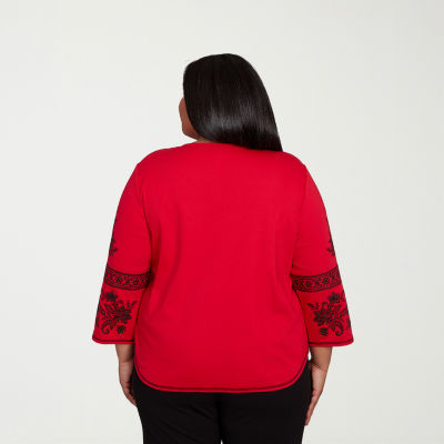 Alfred Dunner Jet Setter Womens Plus Keyhole Neck 3/4 Sleeve T-Shirt