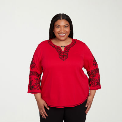 Alfred Dunner Jet Setter Womens Plus Keyhole Neck 3/4 Sleeve T-Shirt