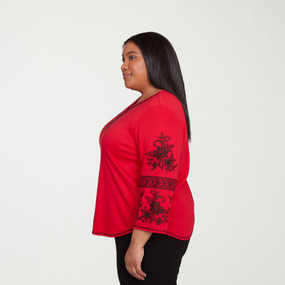 Alfred Dunner Jet Setter Womens Plus Keyhole Neck 3/4 Sleeve T-Shirt