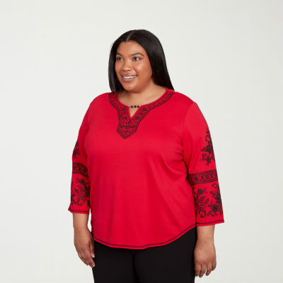 Alfred Dunner Jet Setter Womens Plus Keyhole Neck 3/4 Sleeve T-Shirt