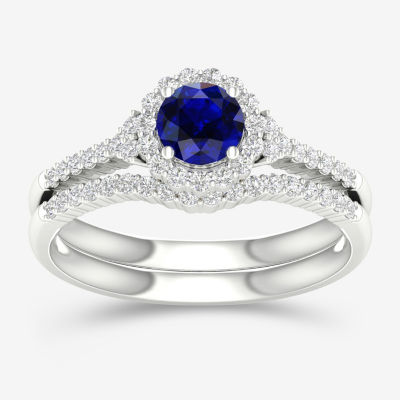 Modern Bride Gemstone Womens 3/8 CT. T.W. Genuine Blue Sapphire 10K Two Tone Gold Round Halo Bridal Set