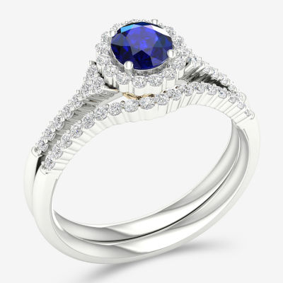 Modern Bride Gemstone Womens 3/8 CT. T.W. Genuine Blue Sapphire 10K Two Tone Gold Round Halo Bridal Set