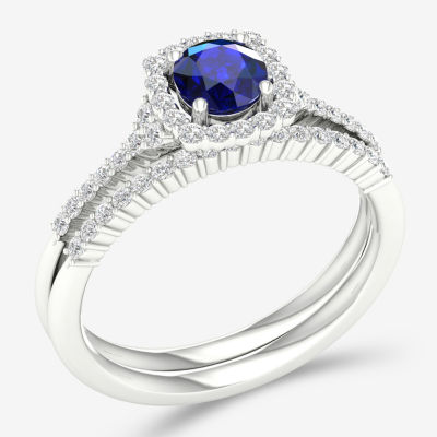 Modern Bride Gemstone Womens / CT. T.W. Genuine Sapphire 10K White Gold Round Halo Bridal Set