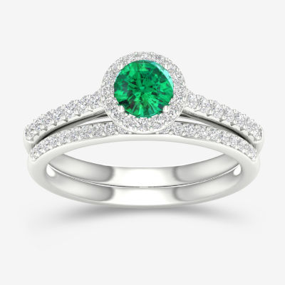 Modern Bride Gemstone Womens 1/3 CT. T.W. Lead Glass-Filled Red Ruby 10K White Gold Halo Bridal Set