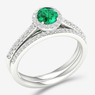 Modern Bride Gemstone Womens 1/3 CT. T.W. Lead Glass-Filled Red Ruby 10K White Gold Halo Bridal Set