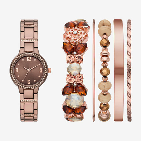 Fashion Watches Ladies Boxed Sets Womens Crystal Accent Brown 6-pc. Watch Boxed Set Fmdjset709 In Transparent