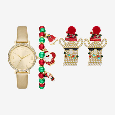 Christmas Sets Womens Crystal Accent Gold Tone 4-pc. Watch Boxed Set Fmdjps202