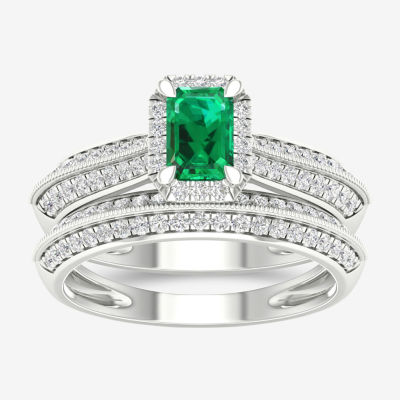 Modern Bride Gemstone Womens 1/2 CT. T.W. Genuine Green Emerald 10K White Gold Halo Bridal Set