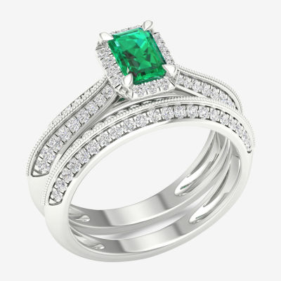 Modern Bride Gemstone Womens 1/2 CT. T.W. Genuine Green Emerald 10K White Gold Halo Bridal Set