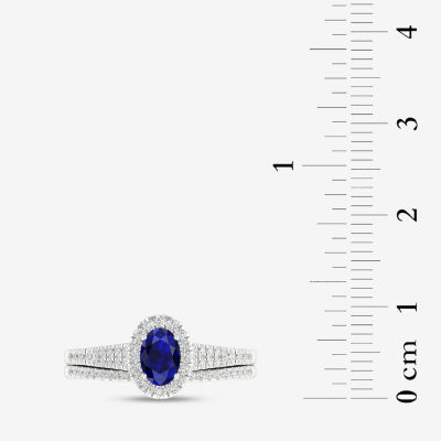 Modern Bride Gemstone and 1/3 CT. T.W. Diamond Halo Bridal Set 10K Gold