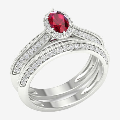 Modern Bride Gemstone and 1/2 CT. T.W. Diamond Oval Halo Bridal Set in 10K Gold