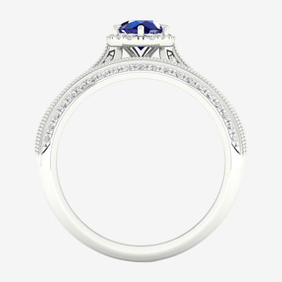 Modern Bride Gemstone Womens / CT. T.W. Genuine Sapphire 10K White Gold Round Halo Bridal Set